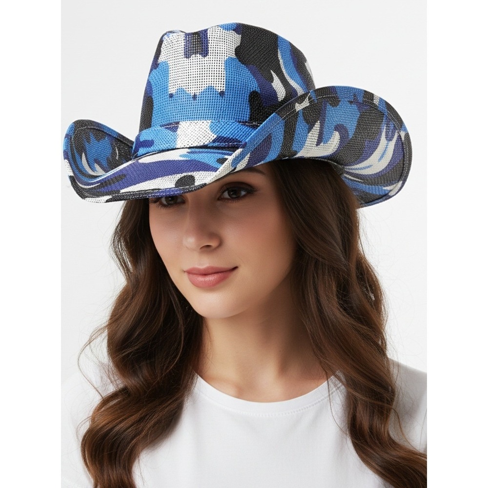 Womens Blue Camo Straw Cowboy Hat Western Festival Cowgirl Camouflage Sun Hat